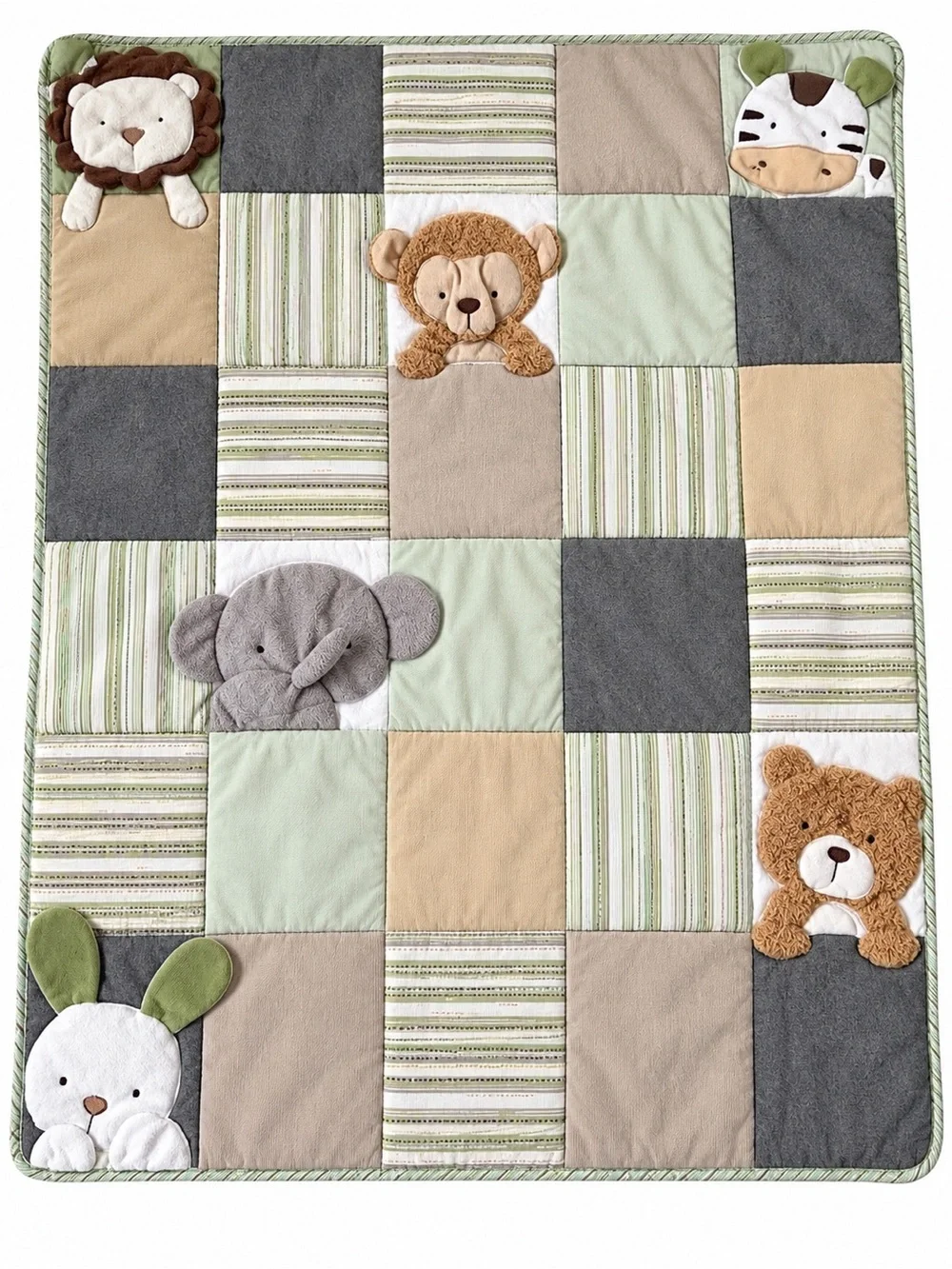 Vintage Baby Crib Quilt Safari Jungle Animals 3D Plush Appliqué Sage Green